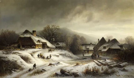 Paisagem de neve aldeia na luz da noite